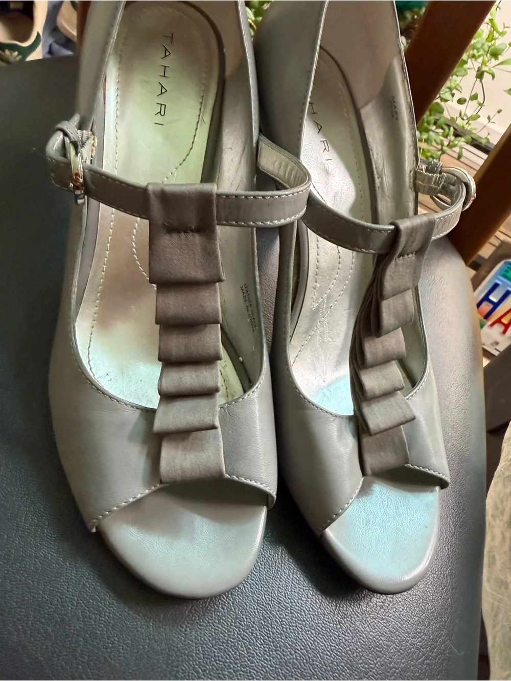 Tahari Gray Mary Peep-Toe T-Strap Heels with Ruffle Accent
